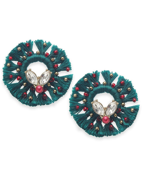 Inc Gold-Tone 1-3/4"Christmas Crystal &Tassel Wreath Stud Earrings $29